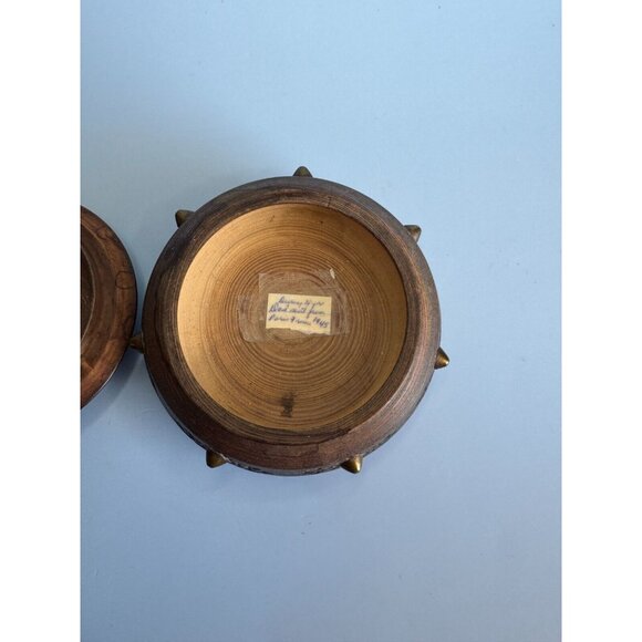 Antique Savoy Round Wooden Trinket Box With Brass Accents & Floral Design Circa - Picture 7 of 9